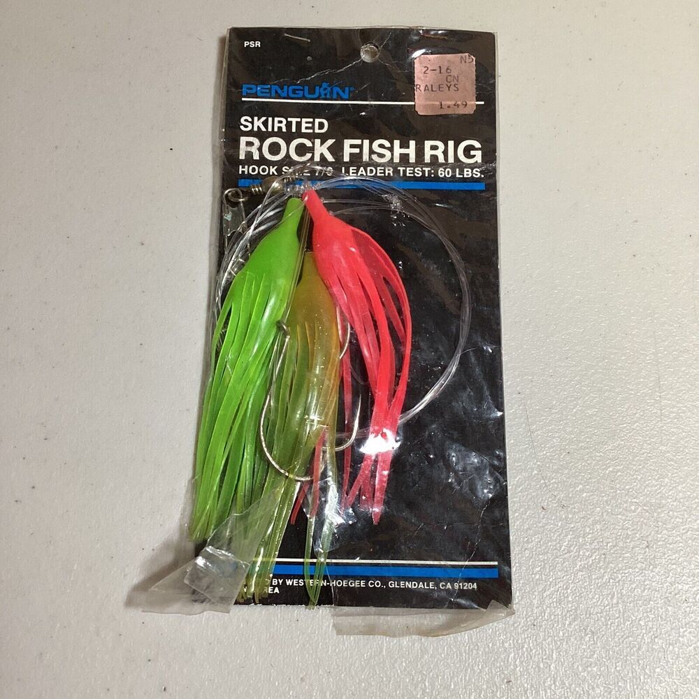 Vintage Penguin Skirted Rock Fish Rig Hook Size 7/0 60 Lbs-Pink Green 3 In Pack